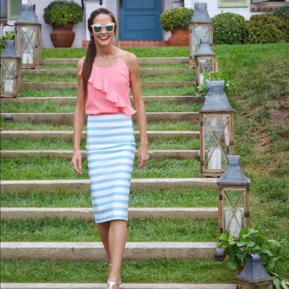 TANYA TAYLOR light blue cream horizontal striped stretch office pencil skirt